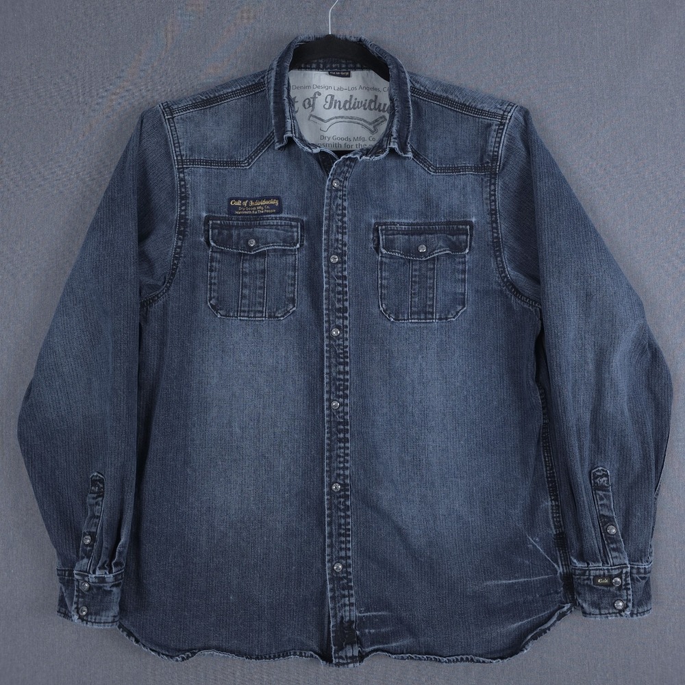 Cult of Individuality Western Pearl‎ Snap Shirt Mens XXL Blue Distressed Denim